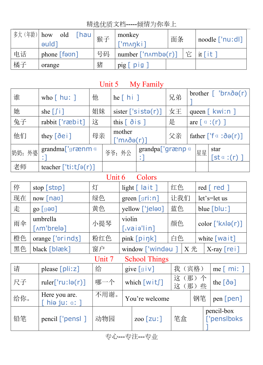 闽教版三年级上册英语单词表