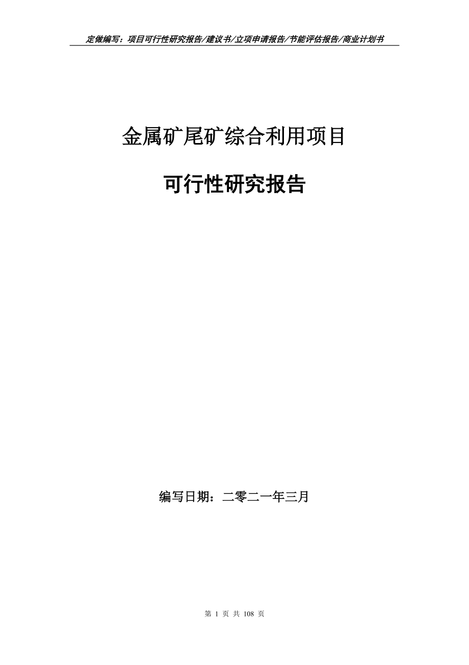 金属矿尾矿综合利用项目可行性研究报告写作范本_第1页