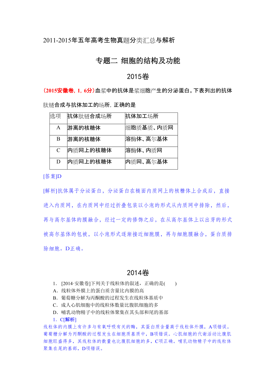 五年高考生物真題分類匯總專題二 細(xì)胞的結(jié)構(gòu)及功能_第1頁(yè)