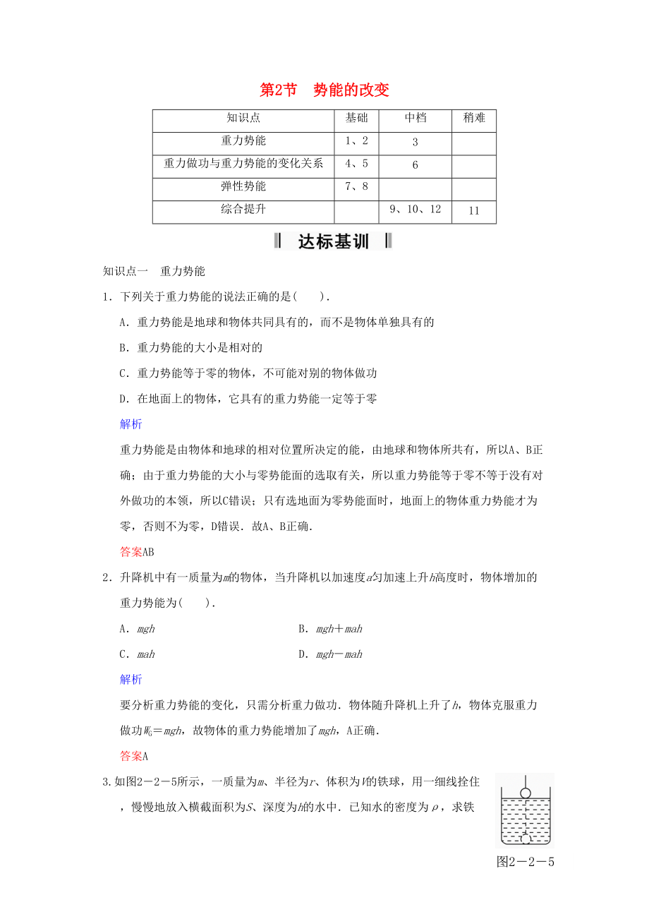 2014魯科高考物理《第2章第2節(jié)勢能的改變》達(dá)標(biāo)測試_第1頁