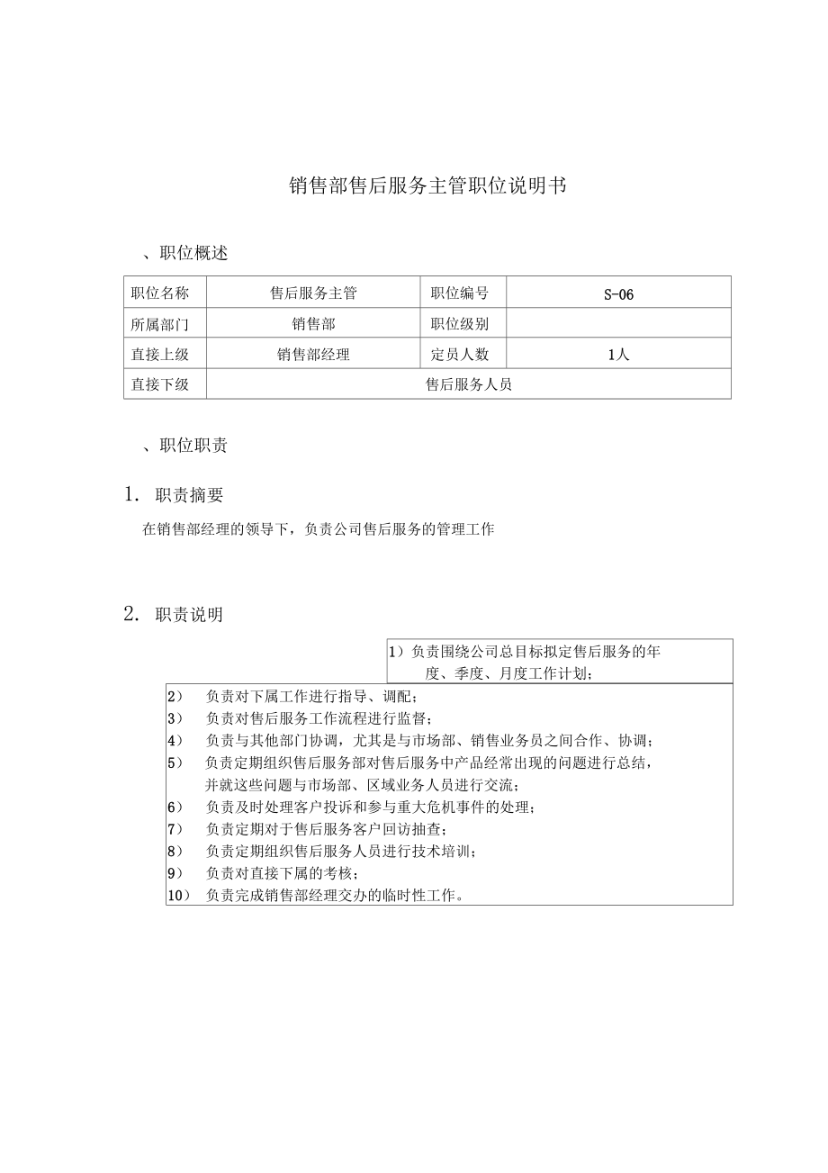 钢铁行业销售部售后服务主管岗位说明书_第1页