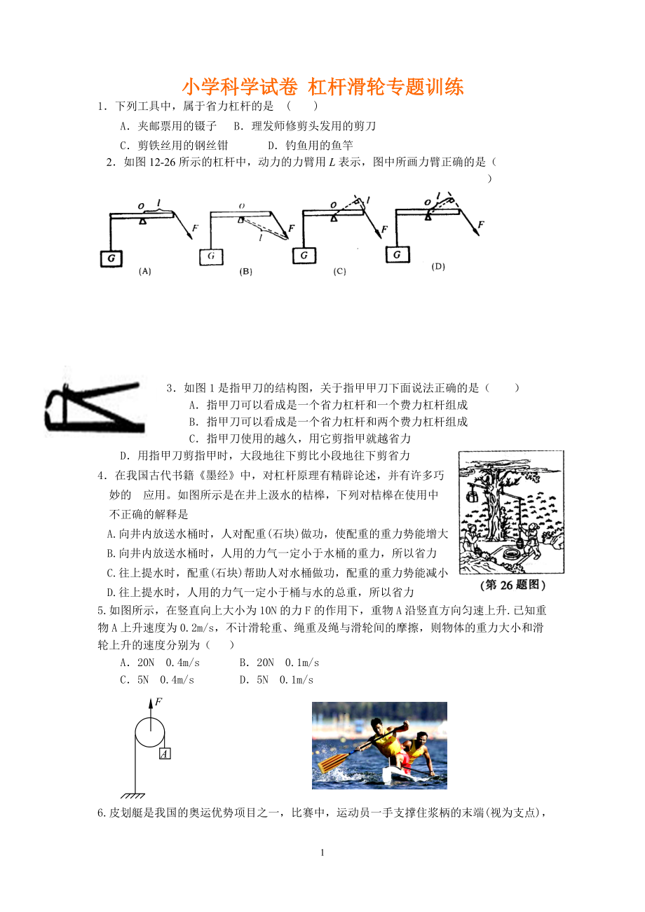 小學科學試卷 杠桿滑輪專項練習_第1頁