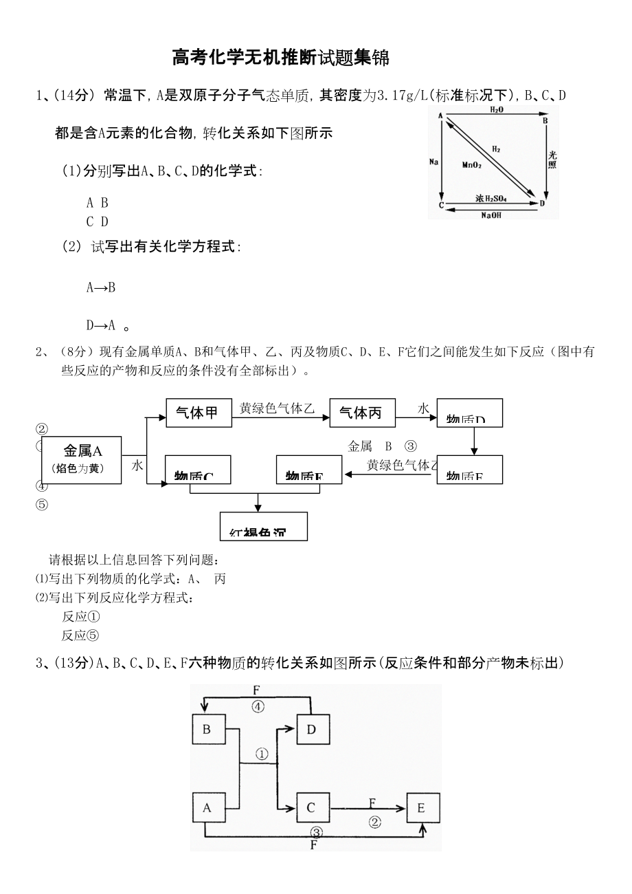 2013高考化学无机推断试题1_第1页