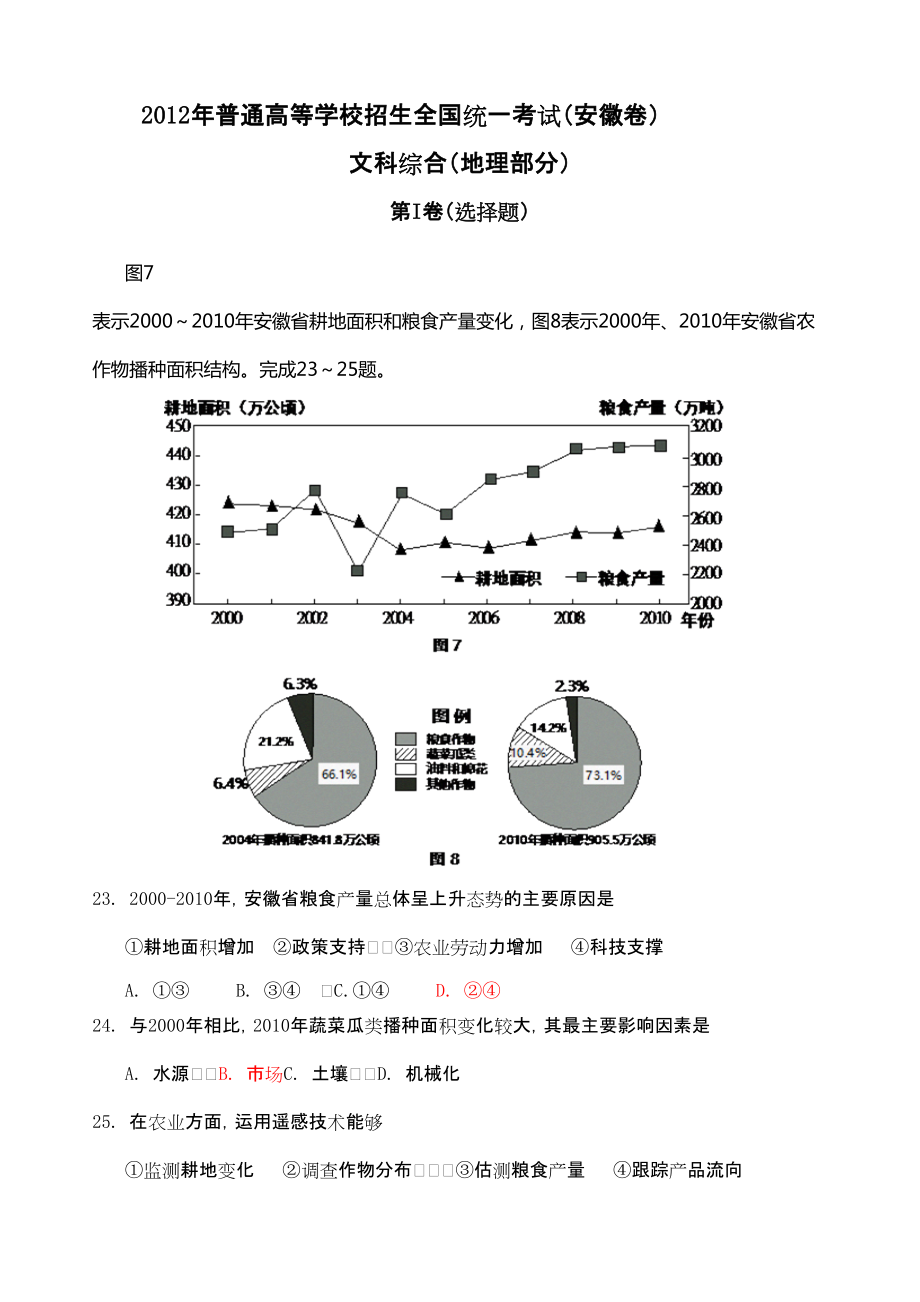 2012高考地理安徽卷解析版_第1页