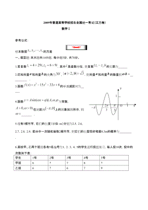 2009年江苏高考数学试卷及答案