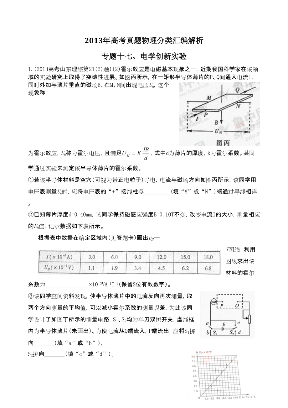 172013高考物理真题分类汇编专题十七 电学创新实验_第1页