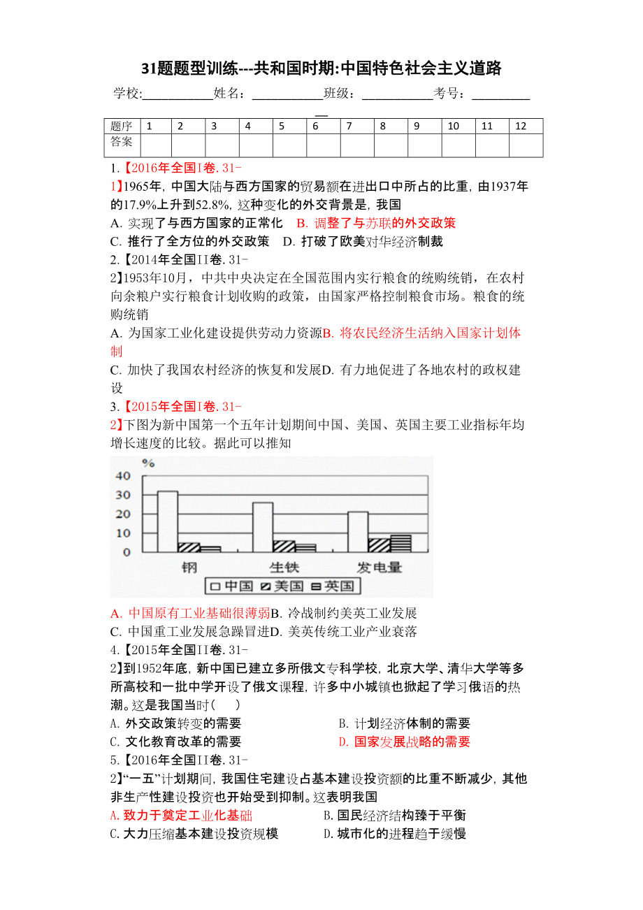 高考历史选择题专题训练29题_第1页