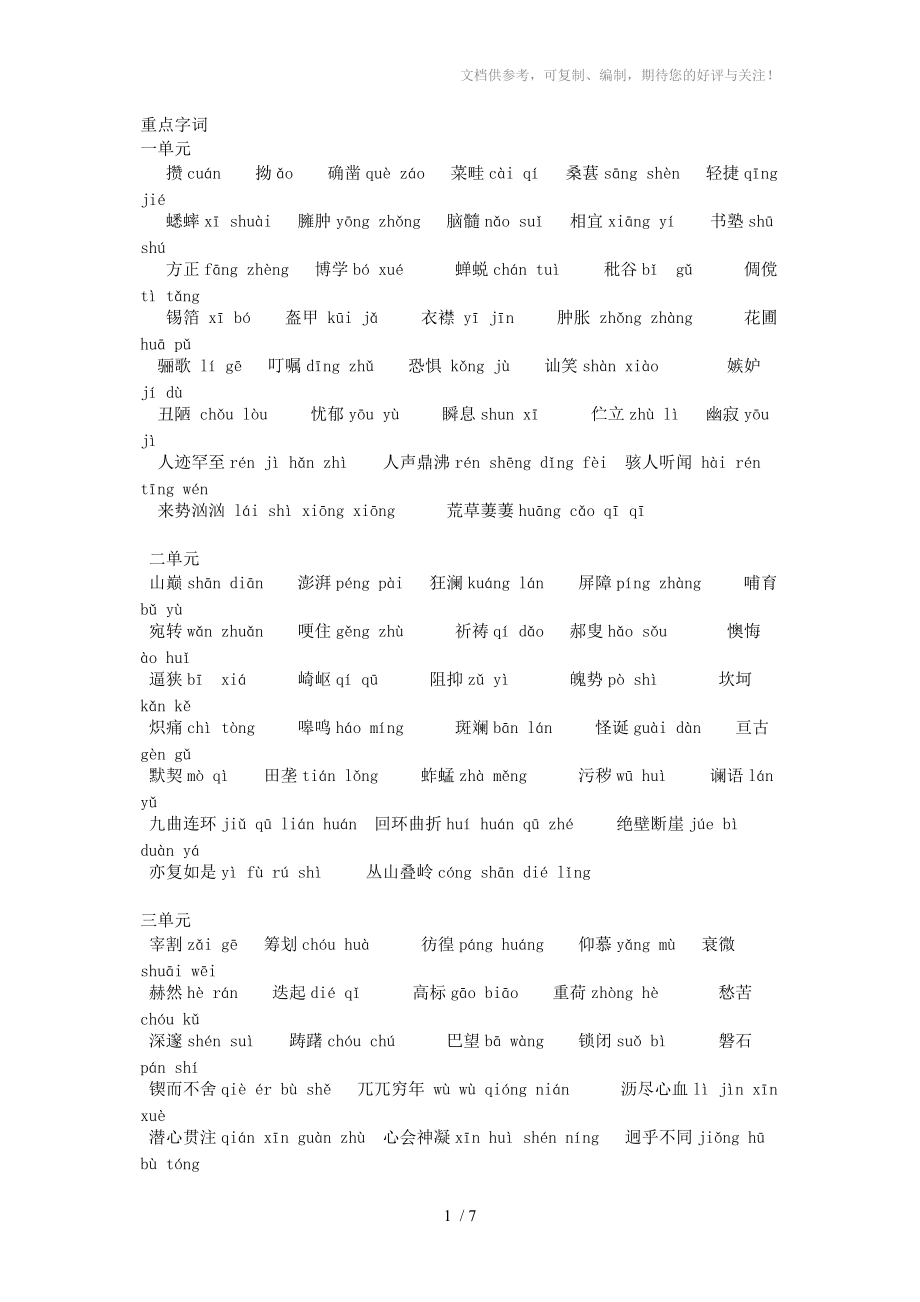 七年级语文下册重点字词复习资料_第1页