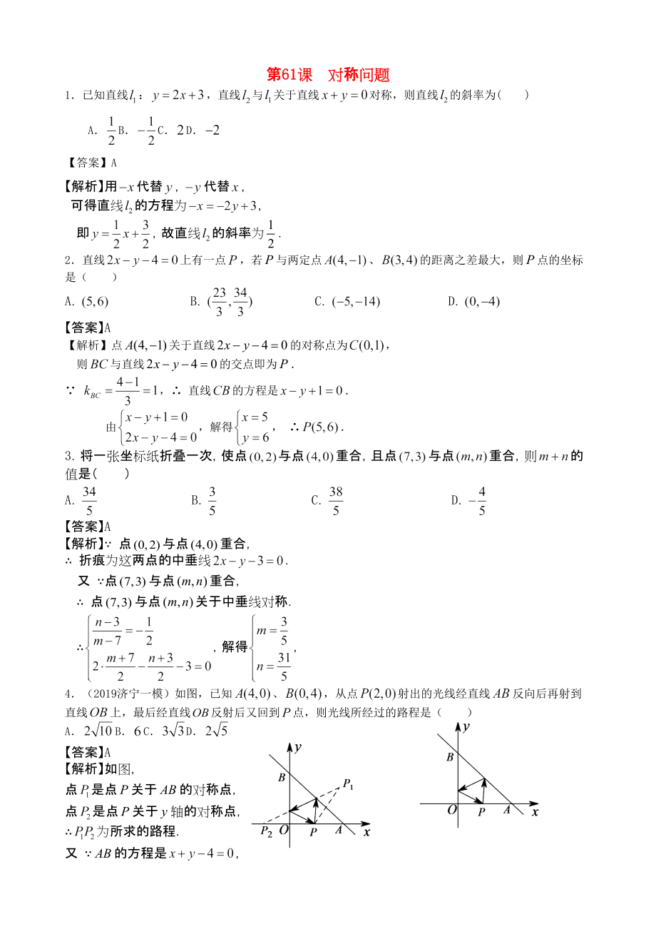 三維設(shè)計廣東文人教版2014高考數(shù)學(xué)第一輪復(fù)習(xí)考案 對稱問題 文_第1頁