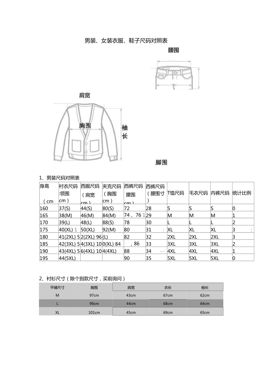 男装女装衣服鞋子裤子尺码对照表_第1页