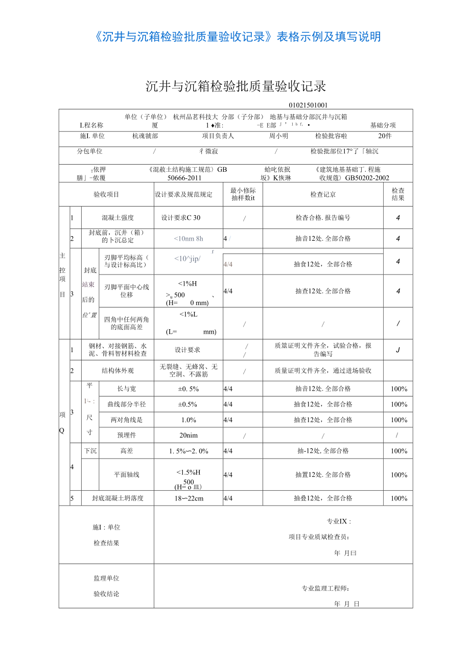 42《沉井与沉箱检验批质量验收记录》表格示例及填写说明_第1页