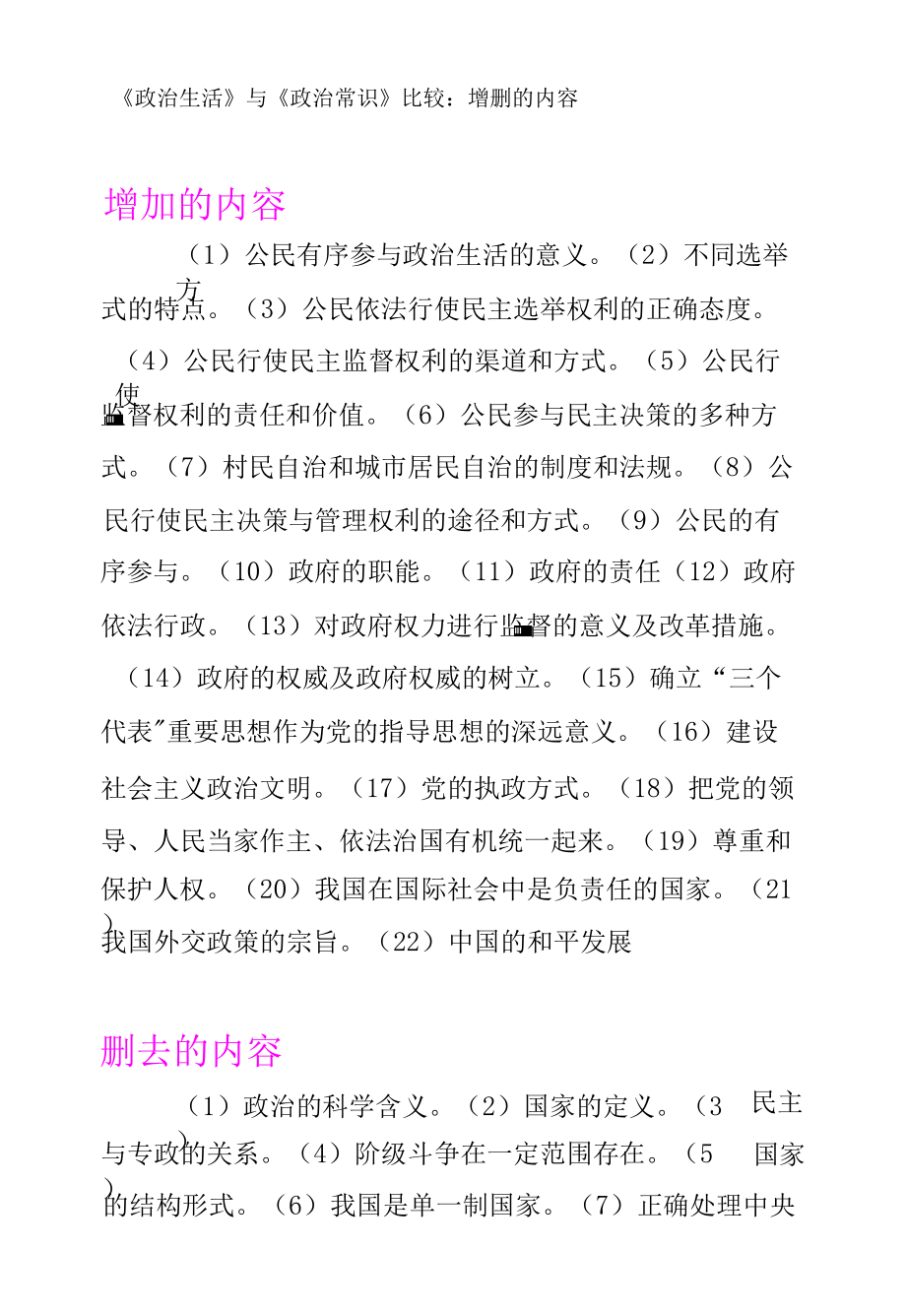 《政治生活》與《政治常識》比較增刪的內(nèi)容增加的內(nèi)容_第1頁