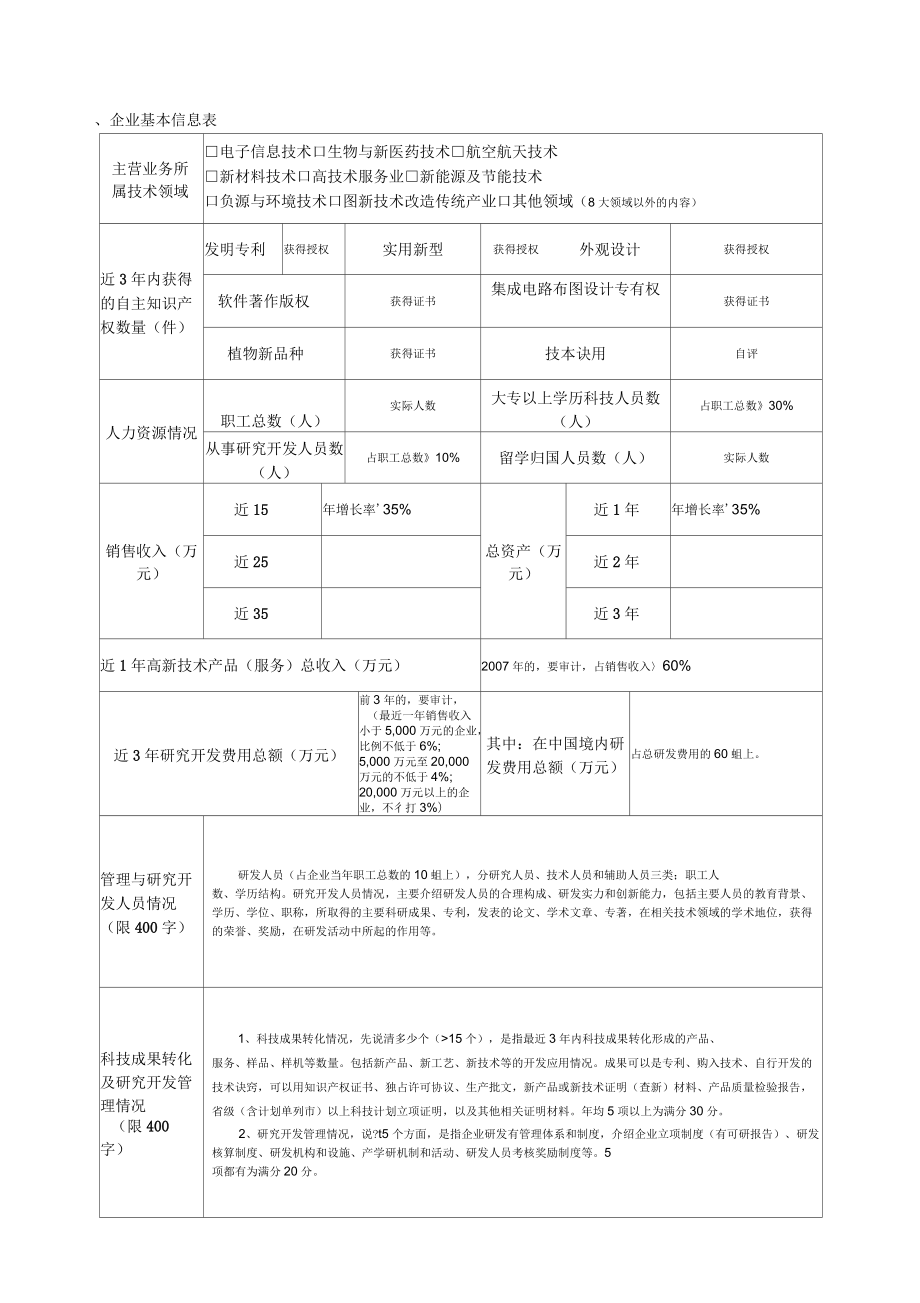 高新技术企业认定申请书帮您至少达到70分完美样本