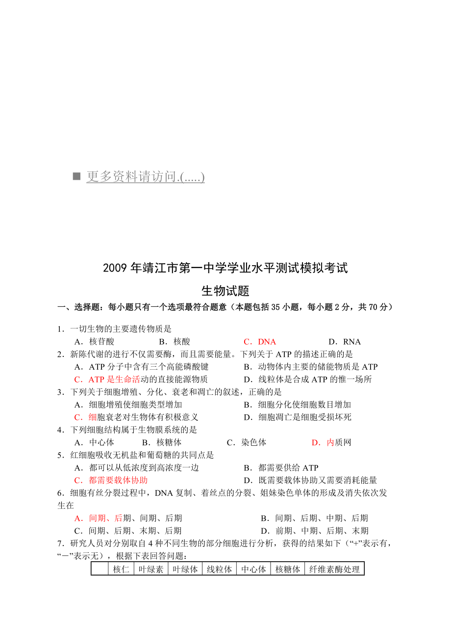 靖江市第一中学学业水平测试模拟考试之生物_第1页