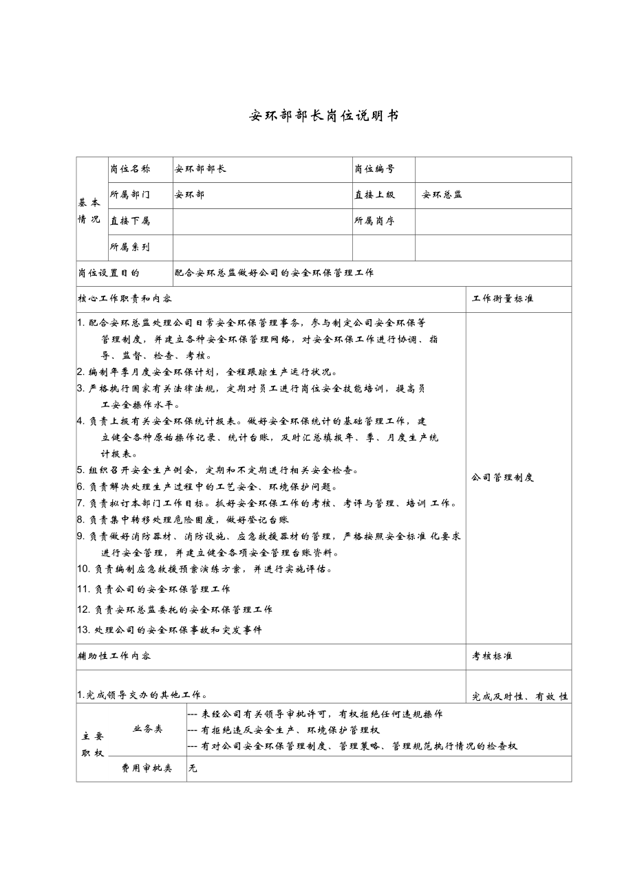 24安环部部长岗位说明书_第1页