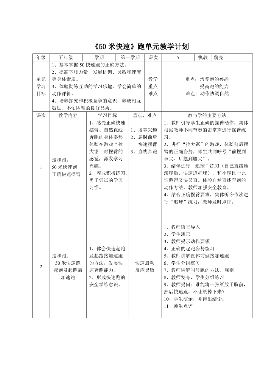 《50米快速跑》單元教學(xué)計劃_第1頁