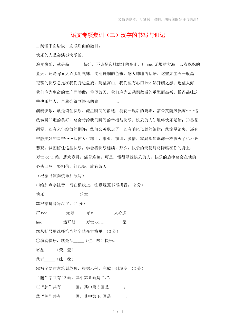 中考语文专项集训2汉字的书写与识记_第1页
