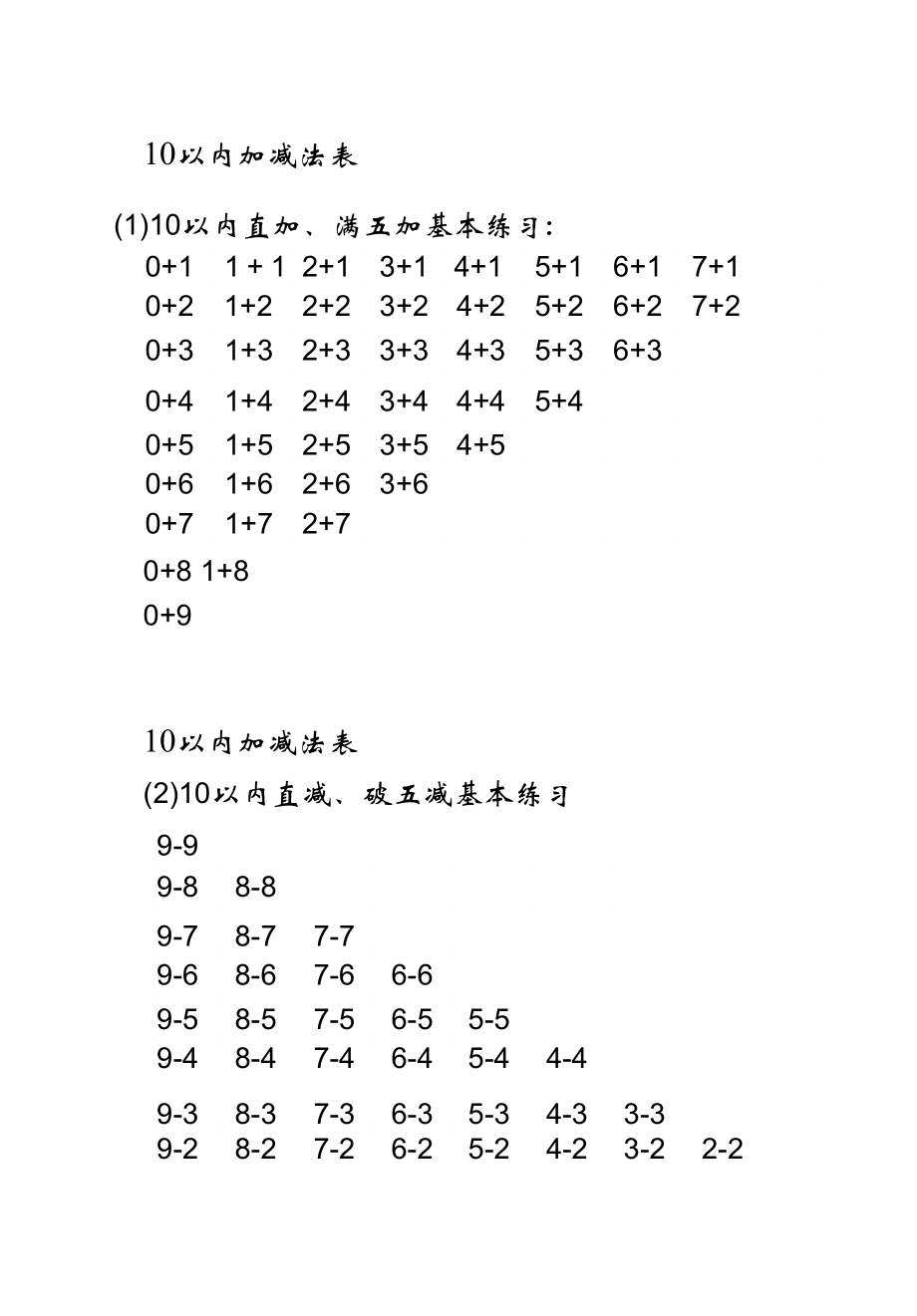 20以内珠心算加减法表