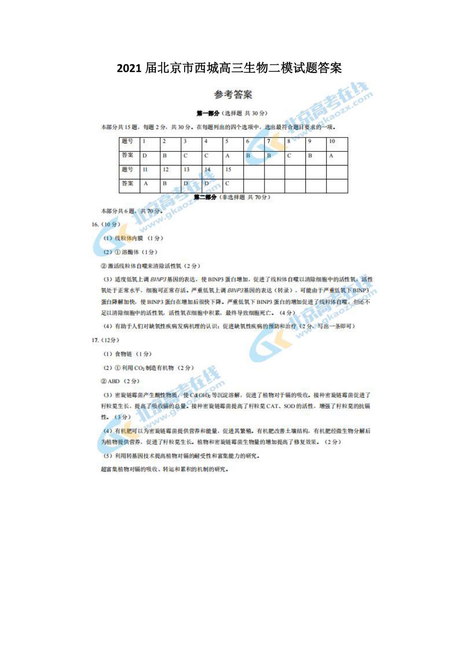 2021届北京市西城高三生物二模试题答案_第1页