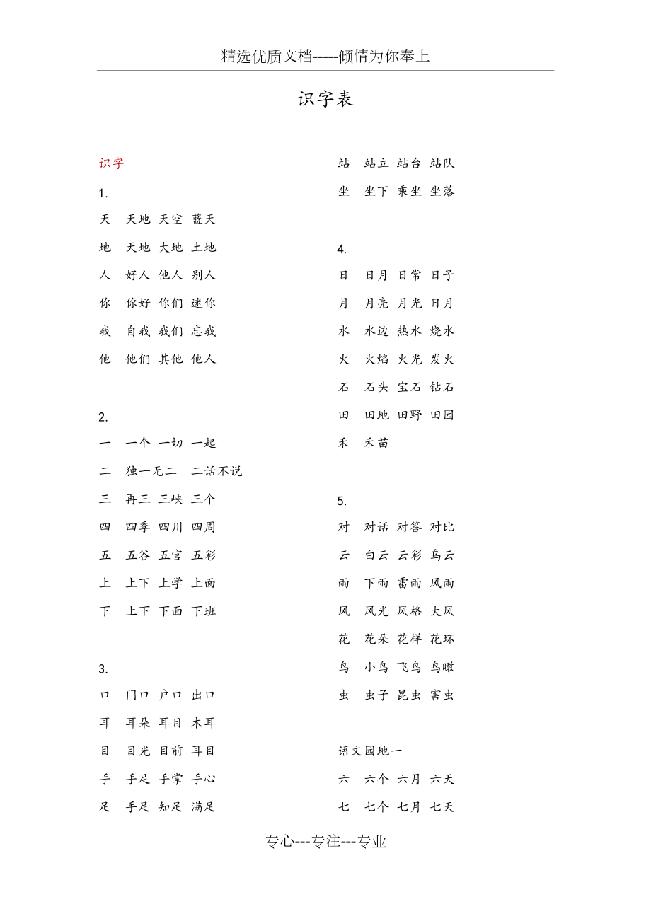 部编版一年级上学期语文词语表共10页