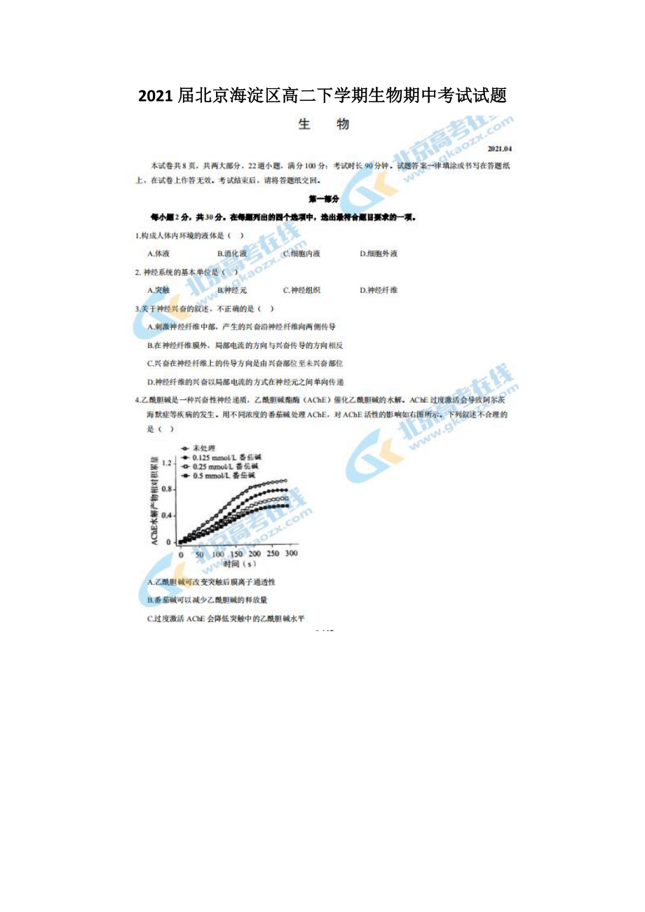 2021届北京海淀区高二下学期生物期中考试试题_第1页