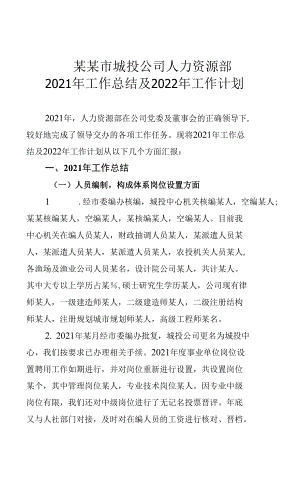 某某市城投公司人力資源部2021年工作總結(jié)及2022 年工作計(jì)劃