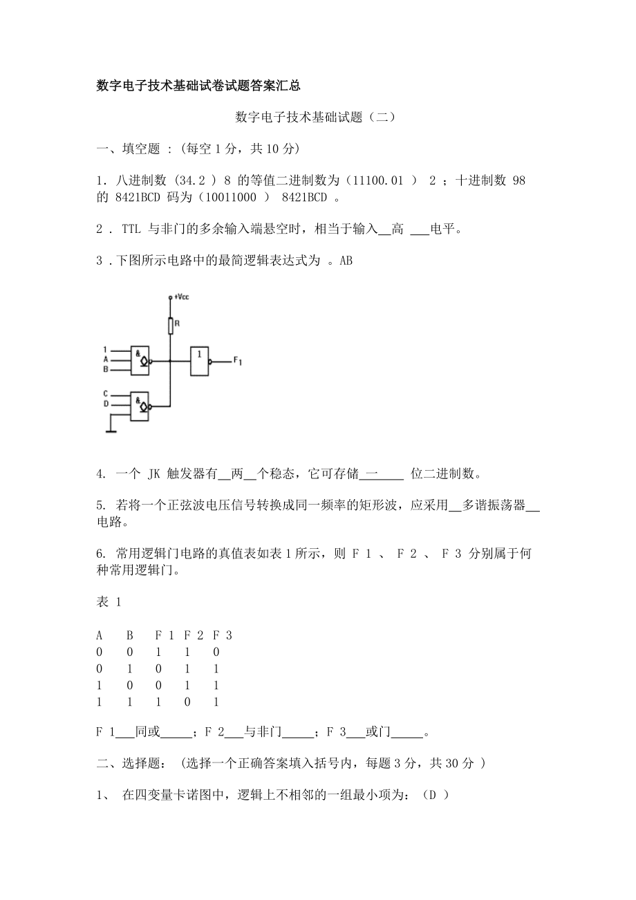 數(shù)字電子技術(shù)試題集及答案_第1頁