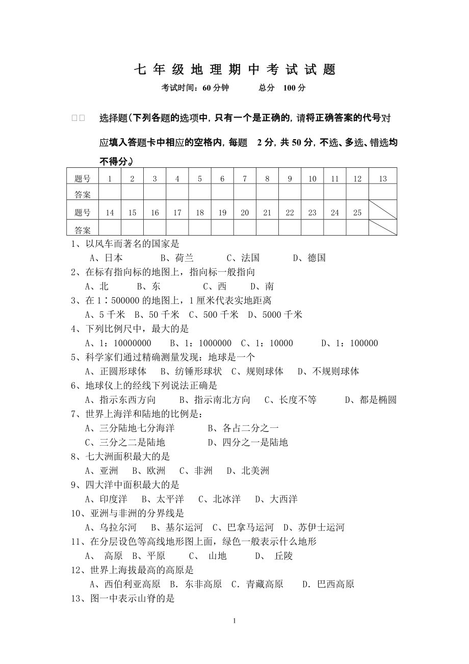 七年级上册地理期中试题_第1页