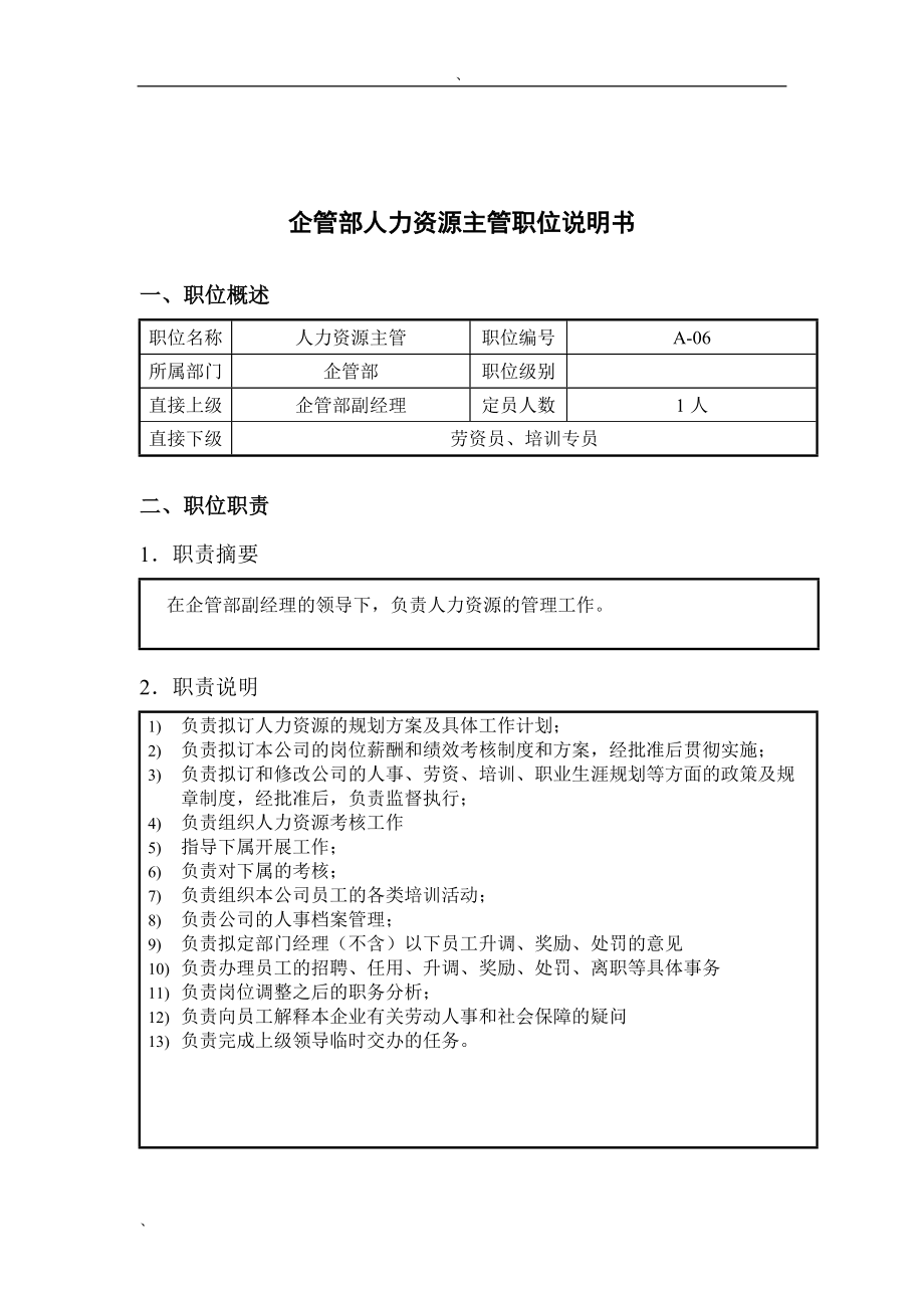 钢铁行业-企管部-人力资源主管岗位说明书_第1页