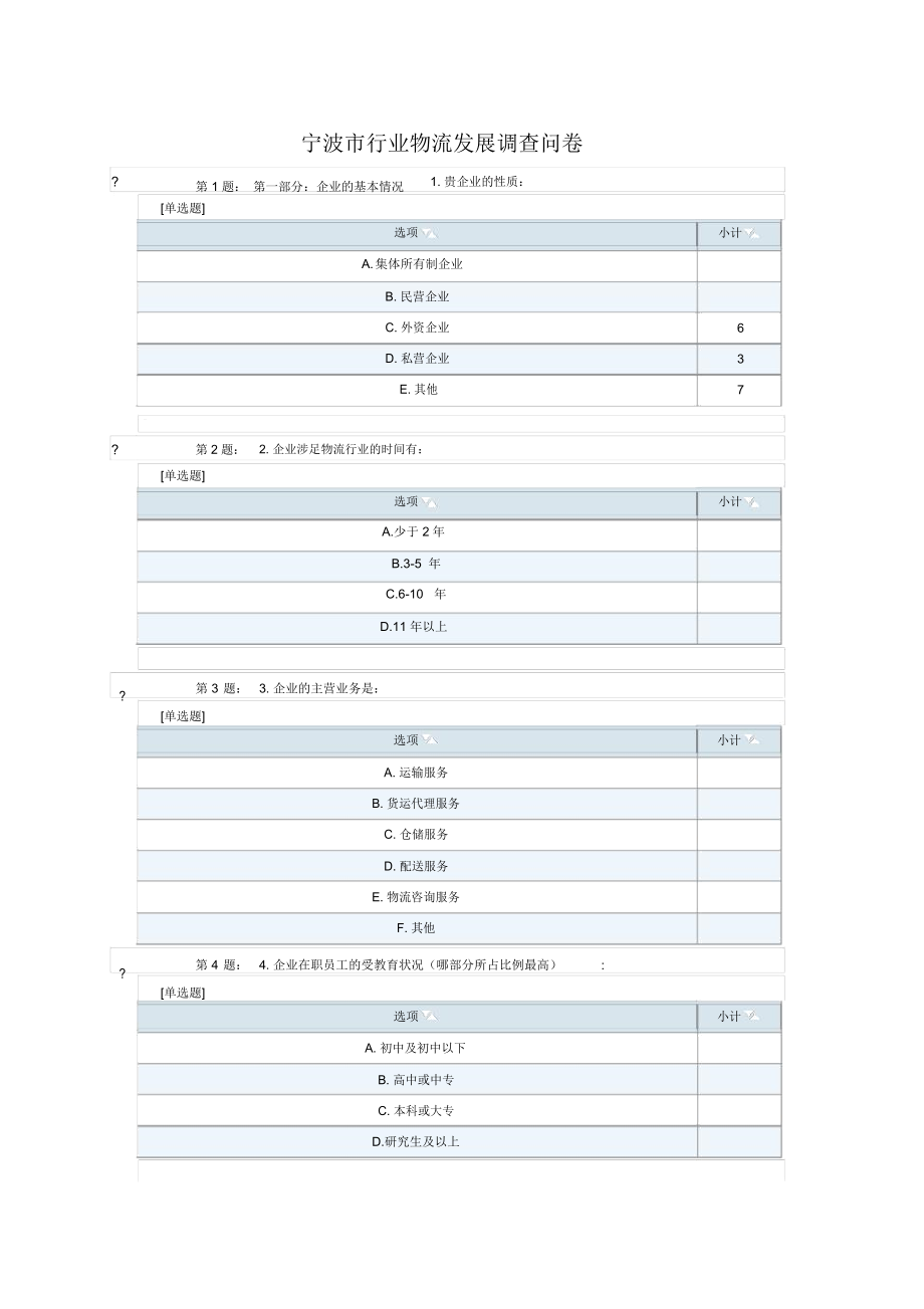 宁波市行业物流发展调查问卷教案资料_第1页