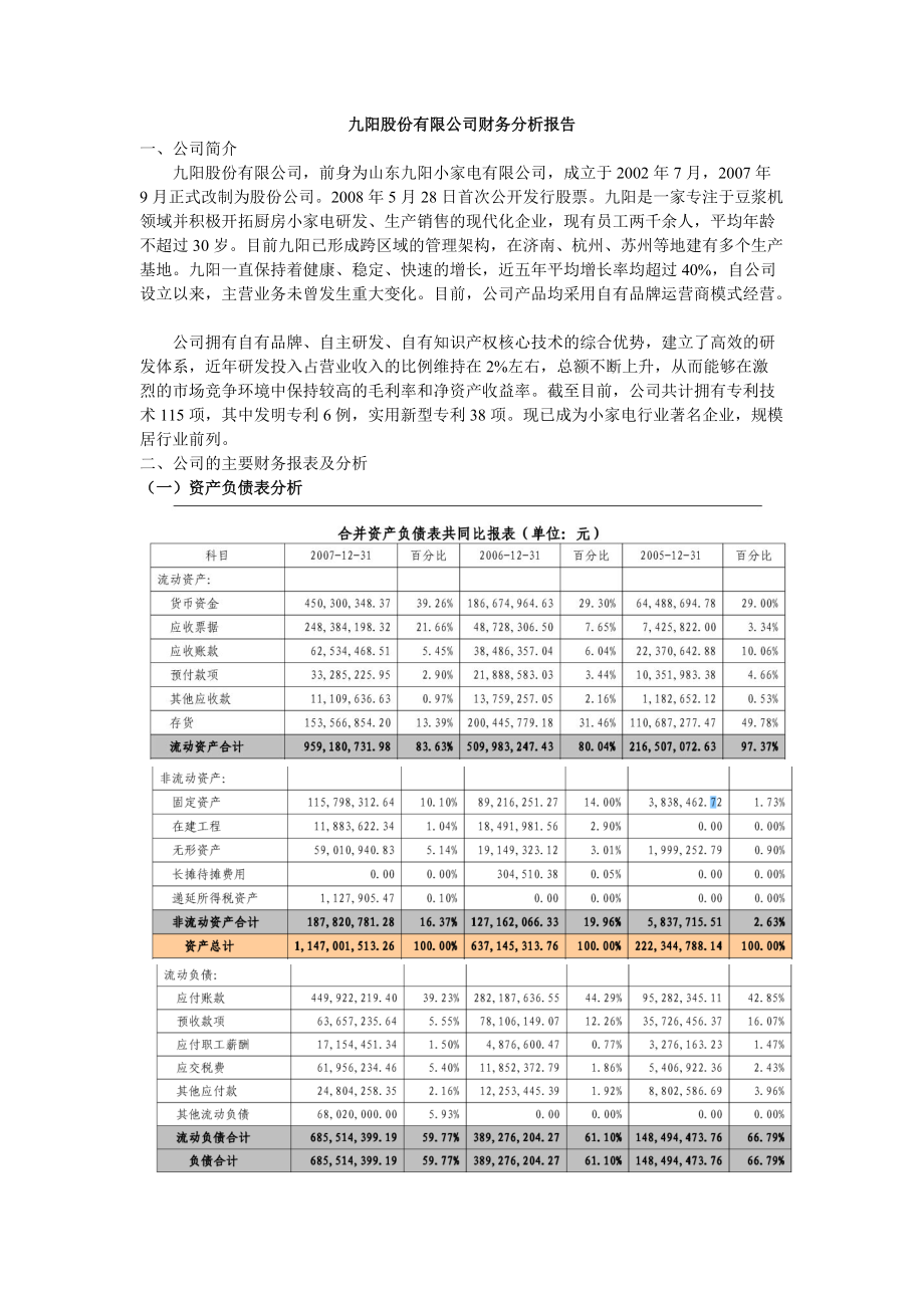 精品资料（2021-2022年收藏）九阳股份有限公司财务分析报告剖析_第1页