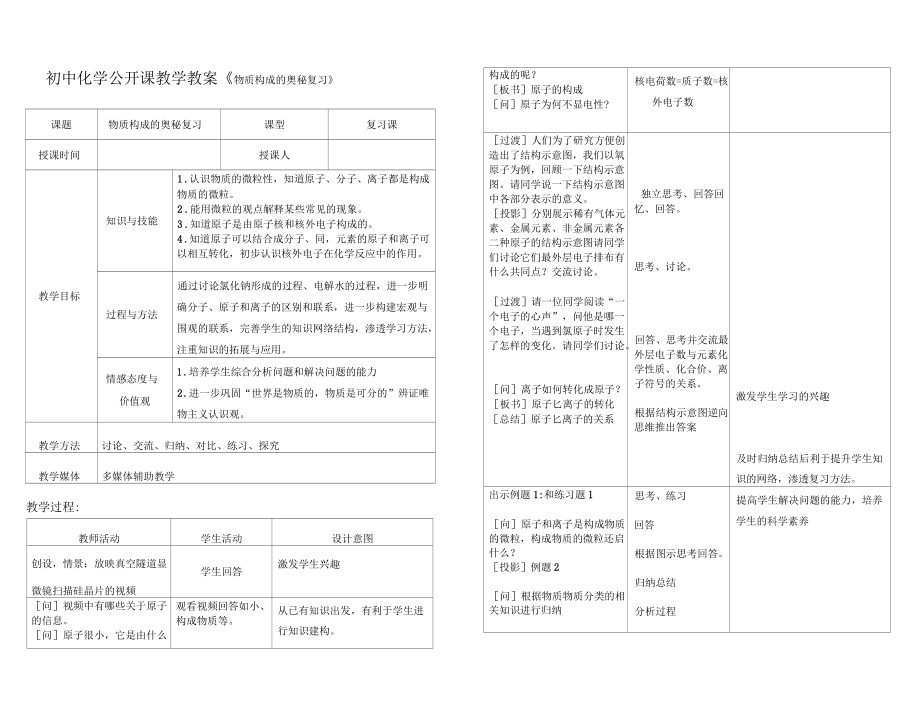 初中化學公開課教學教案《物質(zhì)構(gòu)成的奧秘復習》_第1頁