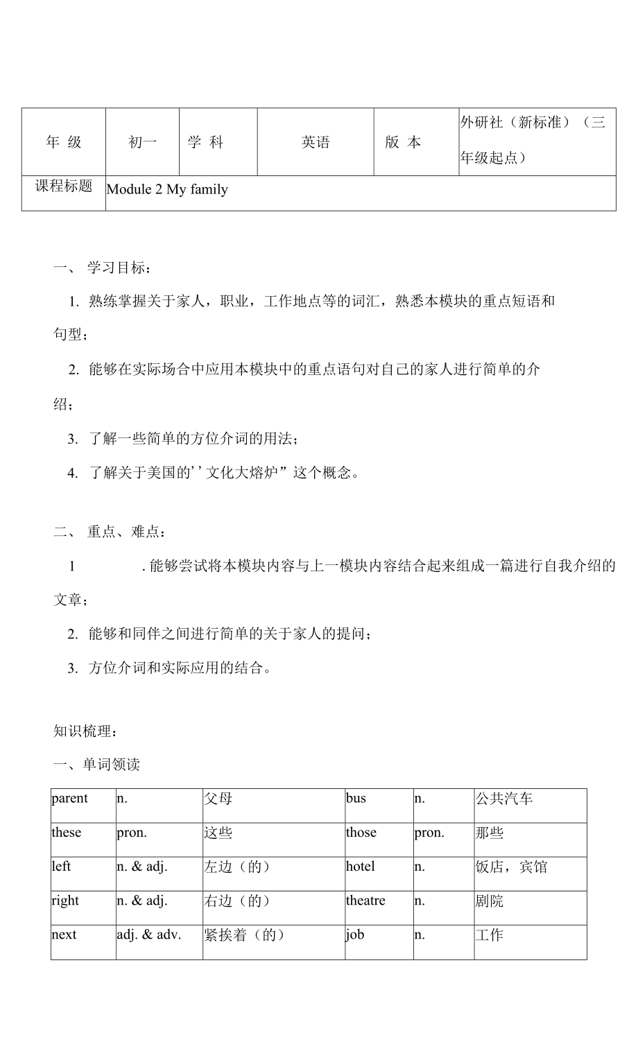 外研版英語七年級上冊Module 2 My family 知識點學案_第1頁