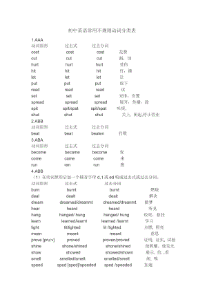 初中英语常用不规则动词分类表