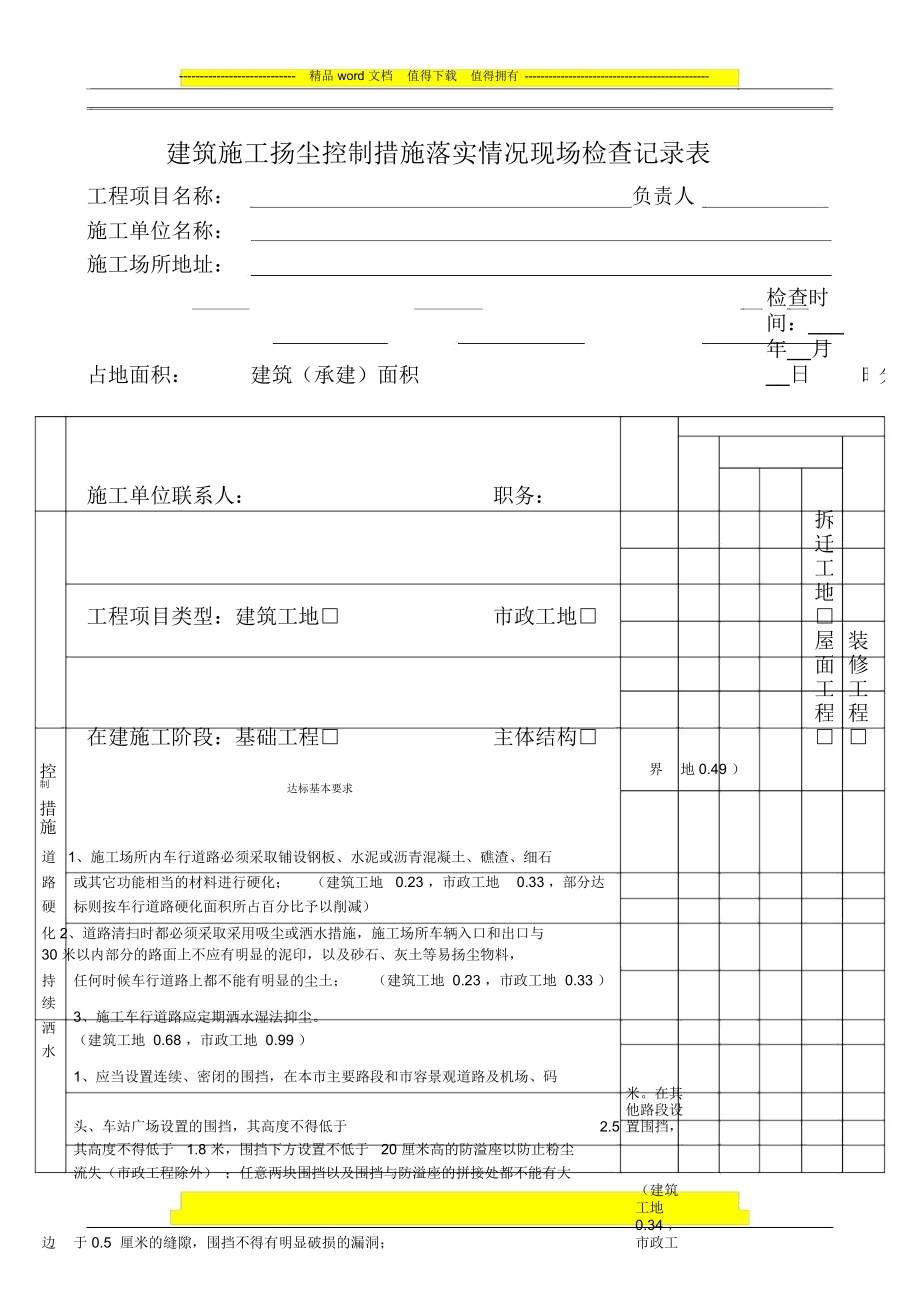 建筑施工扬尘控制措施落实情况现场检查记录表_第1页