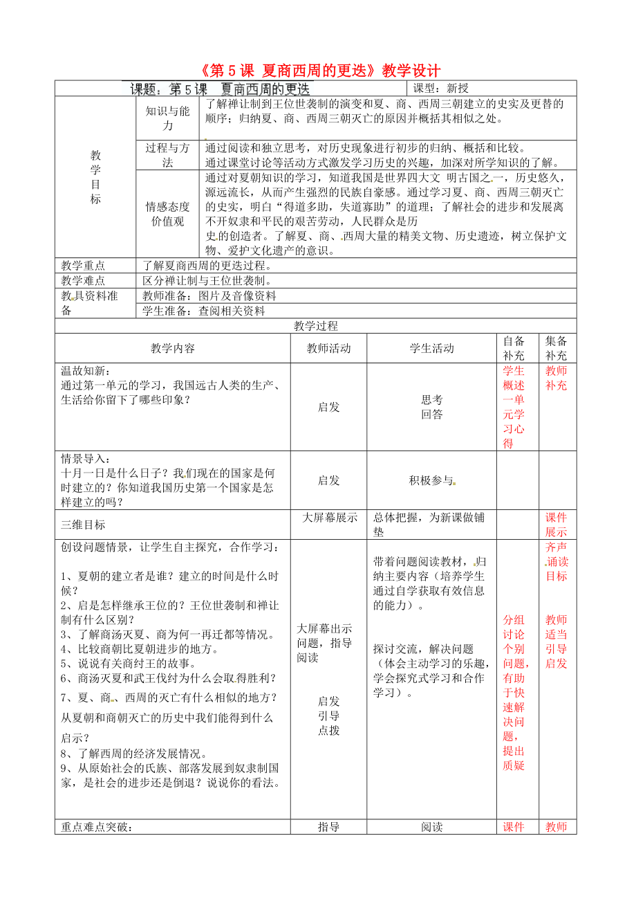 遼寧省大連市76中七年級歷史上冊《第5課 夏商西周的更迭》教學(xué)設(shè)計 北師大版_第1頁