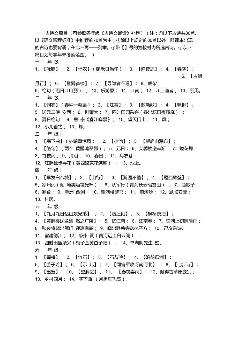 古詩文篇目(可參照各年級《古詩文誦讀》補足)(注①以下古詩._第1頁