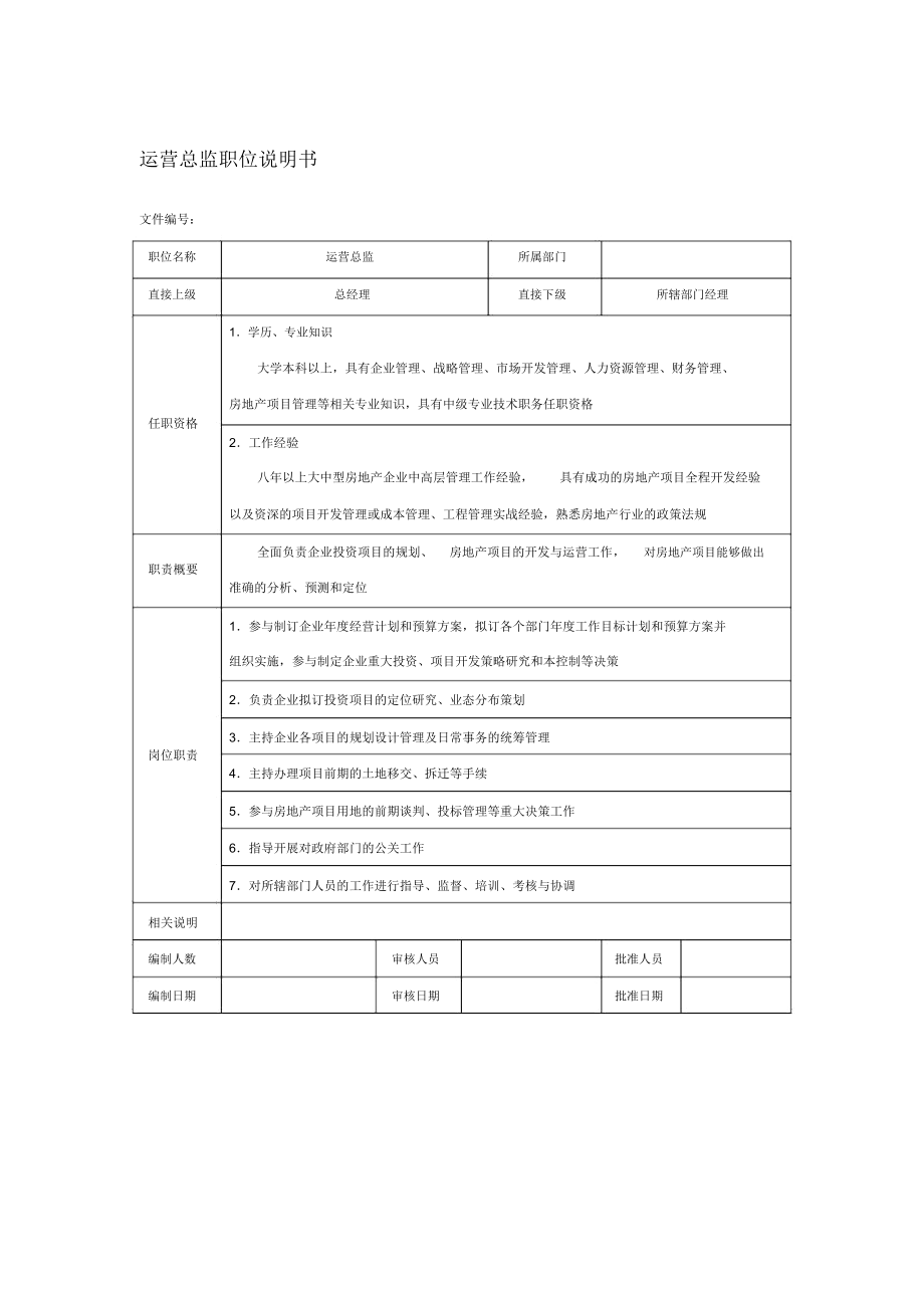 房地产企业运营总监职位说明书_第1页