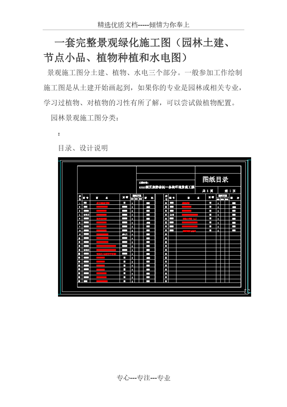 一套完整园林景观绿化施工图(园林土建、节点小品、植物种植和水电图)(共17页)_第1页