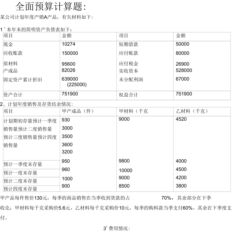 全面预算计算题：备课讲稿_第1页