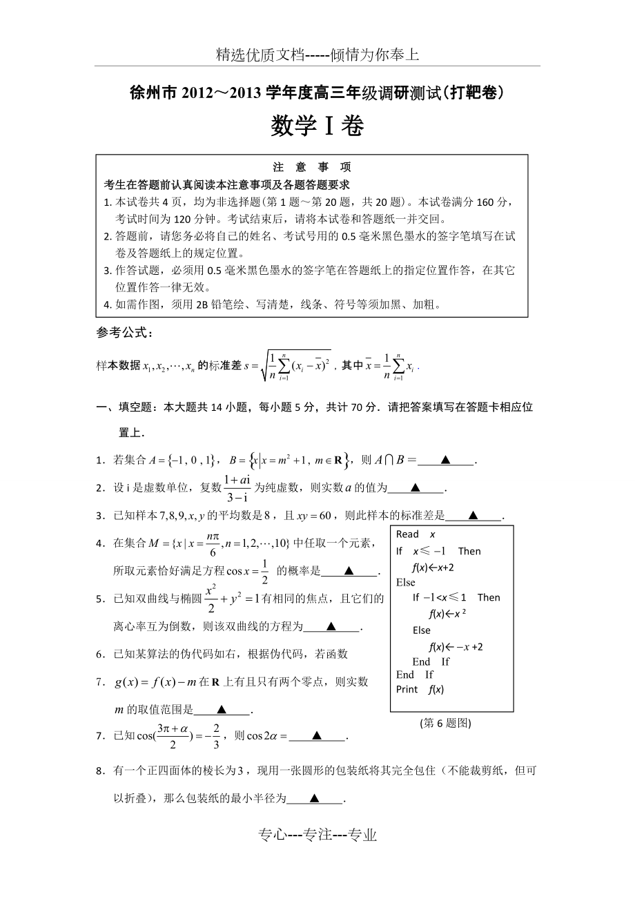 徐州市2012～2013学年度高三年级调研测试(打靶卷)-数学(共13页)_第1页