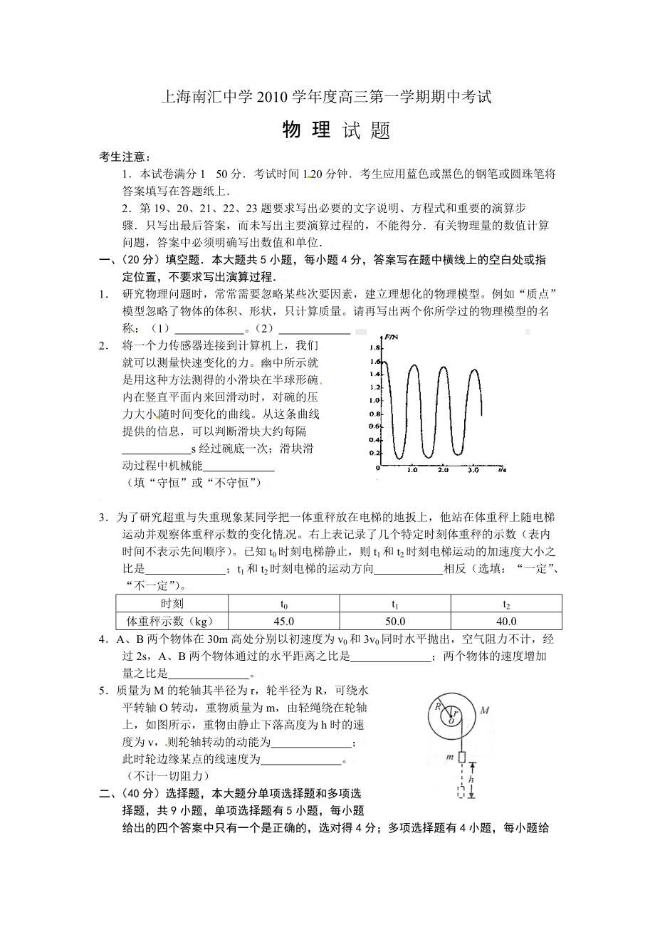 上海市南汇中学2010届高三上学期期中考试物理试题_第1页