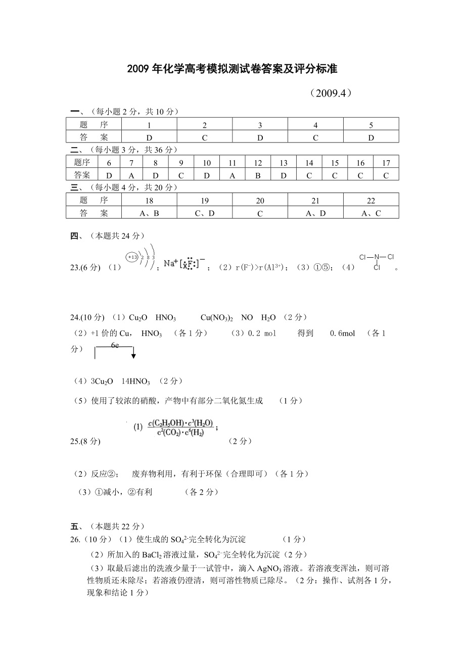 上海市2009年宝山区化学二模试卷答案_第1页