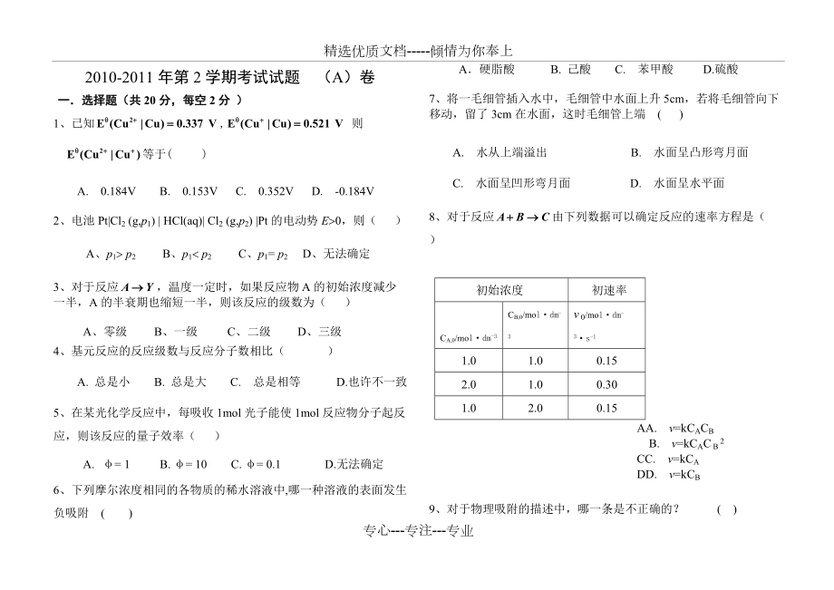 武汉工程大学-09级物理化学期末考试试卷(下册)A(共5页)_第1页