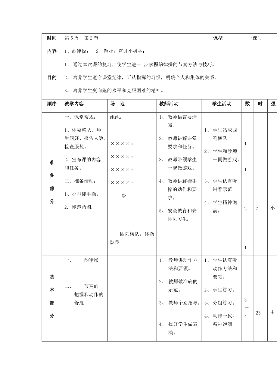 1、韵律操； 2、游戏：穿过小树林；_第1页