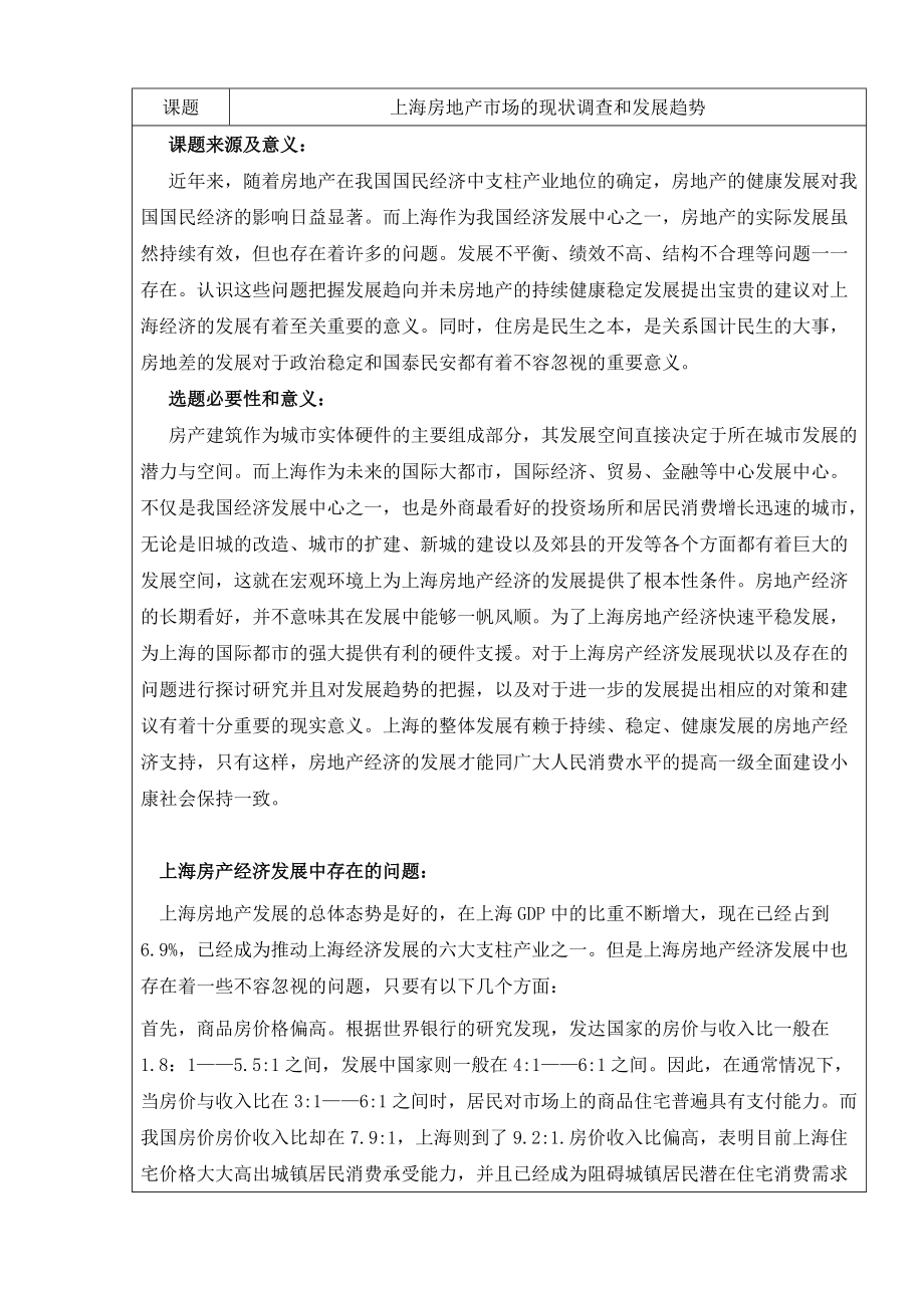 上海房地产市场的现状调查和发展趋势 开题报告_第1页