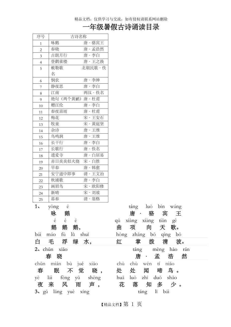 一年級古詩誦讀125首帶拼音版