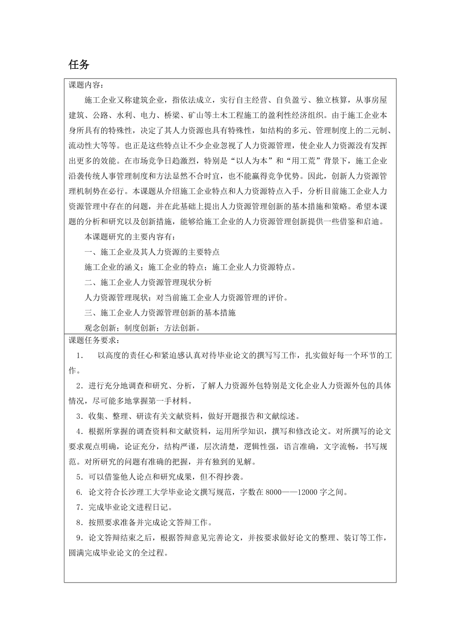 施工企业人力资源管理创新研究任务书_第1页