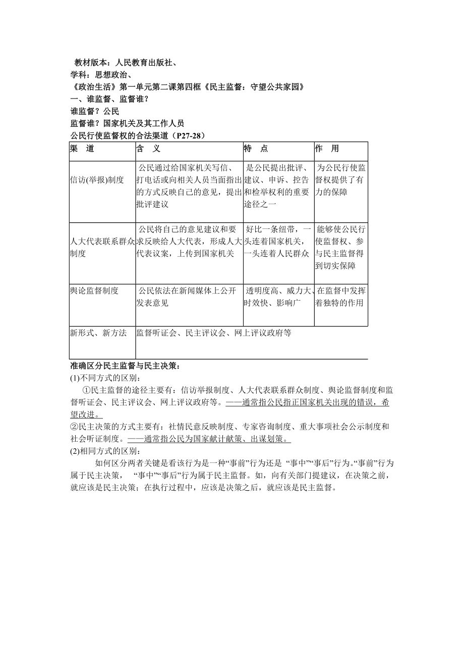 《政治生活》第一單元第二課第四框《民主監(jiān)督：守望公共家園》_第1頁