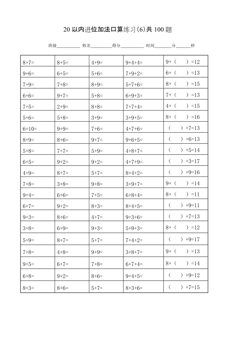 20以內(nèi)進位加減法 口算練習_第1頁